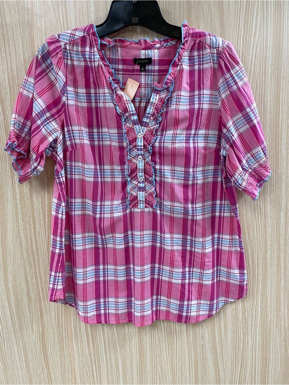 Talbots Pink Plaid Ruffles Top Size L